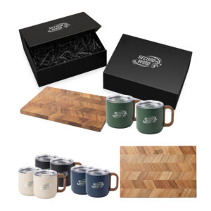 Board and Brew Gift Set - Herringbone Serving Board and Insulated Mugs